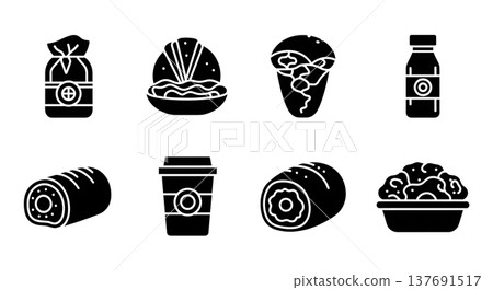 Black Solid Breakfast Silhouettes Set of Six on White Background Black Solid Breakfast Silhouettes Set of Six on White Background 137691517