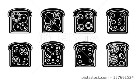 Black Solid Breakfast Toasts Silhouettes Set of Six on White Background 137691524