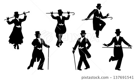 Black Solid Broadway Dancer Silhouettes Set of Six on White Background 137691541