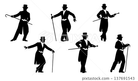 Black Solid Broadway Dancer Silhouettes Set of Six on White Background 137691543