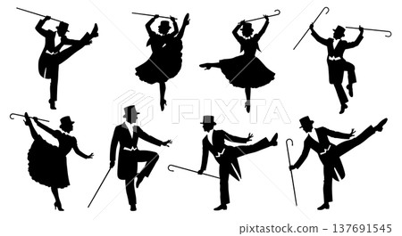 Black Solid Broadway Dancer Silhouettes Set of Six on White Background Black Solid Broadway Dancer Silhouettes Set of Six on White Background 137691545