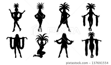 Black Solid Burlesque Dancer Silhouettes Set of Six on White Background 137691554