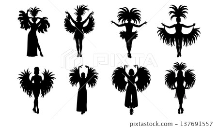 Black Solid Burlesque Dancer Silhouettes Set of Six on White Background 137691557