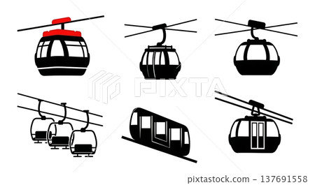 Black Solid Public Cable Cars and Gondola Lifts Silhouettes Set of Six on White Background 137691558