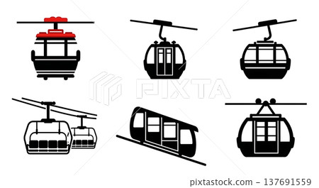 Black Solid Public Cable Cars and Gondola Lifts Silhouettes Set of Six on White Background 137691559