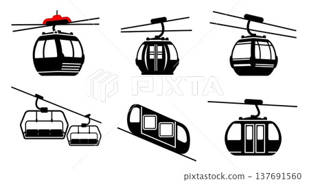 Black Solid Public Cable Cars and Gondola Lifts Silhouettes Set of Six on White Background 137691560