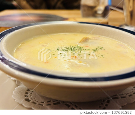 A generous portion of clam chowder A generous portion of clam chowder 137691592