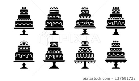 Black Solid Cakes On Stands Silhouettes Set of Six on White Background 137691722