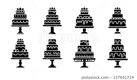 Black Solid Cakes On Stands Silhouettes Set of Six on White Background Black Solid Cakes On Stands Silhouettes Set of Six on White Background 137691724