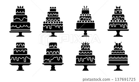 Black Solid Cakes On Stands Silhouettes Set of Six on White Background 137691725