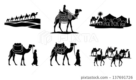Black Solid Traditional Middle Eastern Camel Caravans and Desert Transport Silhouettes 137691726
