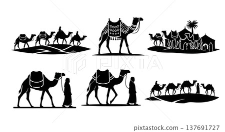 Black Solid Traditional Middle Eastern Camel Caravans and Desert Transport Silhouettes 137691727