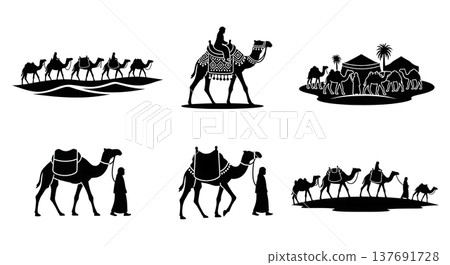 Black Solid Traditional Middle Eastern Camel Caravans and Desert Transport Silhouettes 137691728