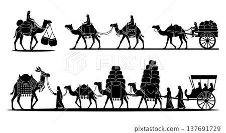 Black Solid Traditional Middle Eastern Camel Caravans and Desert Transport Silhouettes 137691729