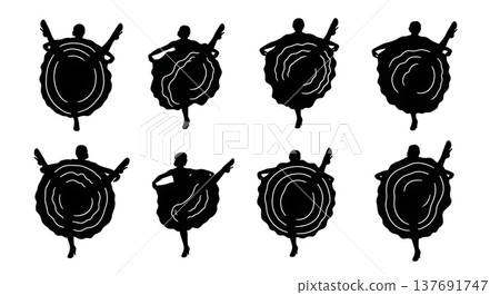 Black Solid Can-Can Dancer Silhouettes Set of Six on White Background 137691747