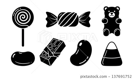 Black Solid Candy Silhouettes Set of Six on White Background Black Solid Candy Silhouettes Set of Six on White Background 137691752