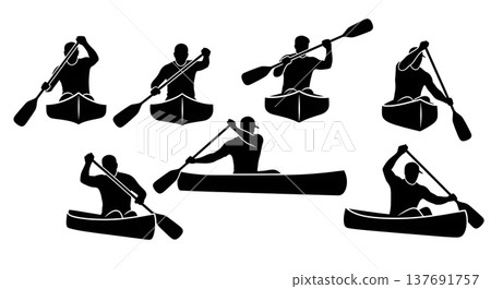 Black Solid Canoeing Strokes Silhouettes Set of Six on White Background 137691757