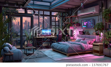 A modern bedroom workspace overlooking the city at dusk. 137691767