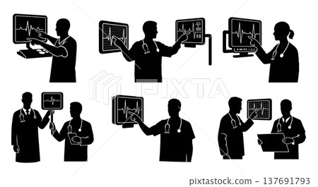 Black Solid Cardiologist Silhouettes Set of Six on White Background 137691793