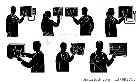 Black Solid Cardiologist Silhouettes Set of Six on White Background 137691795