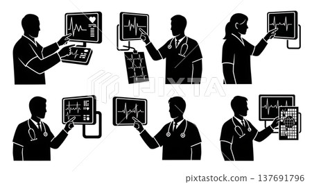 Black Solid Cardiologist Silhouettes Set of Six on White Background 137691796