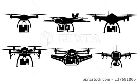 Black Solid Modern Cargo Drones and Delivery UAVs Silhouettes Set of Six on White Background Black Solid Modern Cargo Drones and Delivery UAVs Silhouettes Set of Six on White Background 137691800