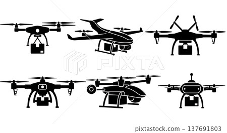 Black Solid Modern Cargo Drones and Delivery UAVs Silhouettes Set of Six on White Background Black Solid Modern Cargo Drones and Delivery UAVs Silhouettes Set of Six on White Background 137691803