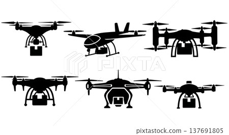 Black Solid Modern Cargo Drones and Delivery UAVs Silhouettes Set of Six on White Background 137691805