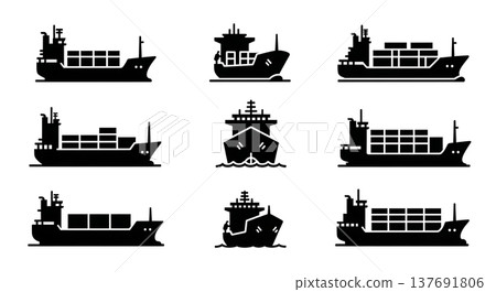 Black Solid Cargo Ships Silhouettes Set of Six on White Background Black Solid Cargo Ships Silhouettes Set of Six on White Background 137691806