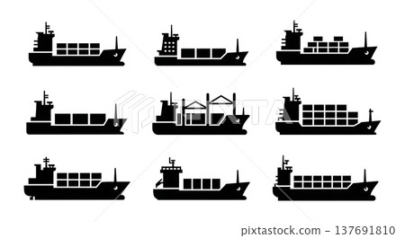 Black Solid Cargo Ships Silhouettes Set of Six on White Background 137691810