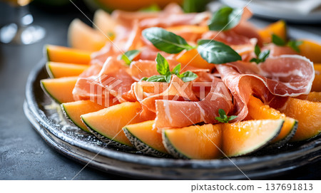 Juicy Food, Juicy cantaloupe slices vibrant orange served on a plate 137691813