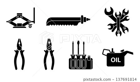 Black Solid Car Repair Tools Silhouettes Set of Six on White Background 137691814