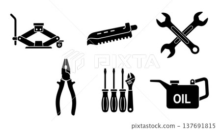 Black Solid Car Repair Tools Silhouettes Set of Six on White Background 137691815