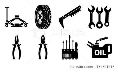 Black Solid Car Repair Tools Silhouettes Set of Six on White Background 137691817