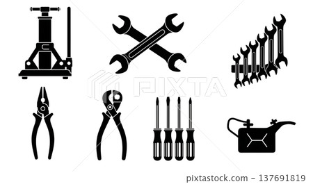 Black Solid Car Repair Tools Silhouettes Set of Six on White Background 137691819