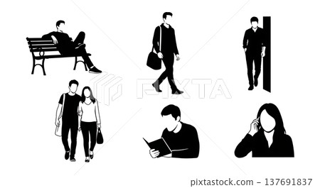 Black Solid Casual Attire Silhouettes Set of Six on White Background Black Solid Casual Attire Silhouettes Set of Six on White Background 137691837