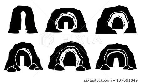 Black Solid Cave Entrance and Rock Shelter Silhouettes Black Solid Cave Entrance and Rock Shelter Silhouettes 137691849