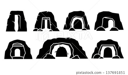 Black Solid Cave Entrance and Rock Shelter Silhouettes Black Solid Cave Entrance and Rock Shelter Silhouettes 137691851