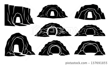 Black Solid Cave Entrance and Rock Shelter Silhouettes 137691855