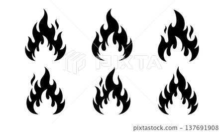 Black Solid Abstract Fire Flame Silhouettes Set of Six on White Background Black Solid Abstract Fire Flame Silhouettes Set of Six on White Background 137691908