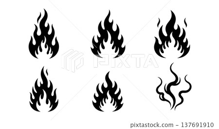 Black Solid Abstract Fire Silhouettes Set of Six on White Background Black Solid Abstract Fire Silhouettes Set of Six on White Background 137691910