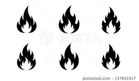 Black Solid Abstract Fire Spark Silhouettes Set of Six on White Background Black Solid Abstract Fire Spark Silhouettes Set of Six on White Background 137691917
