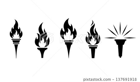 Black Solid Abstract Torch Silhouettes Set of Six on White Background 137691918
