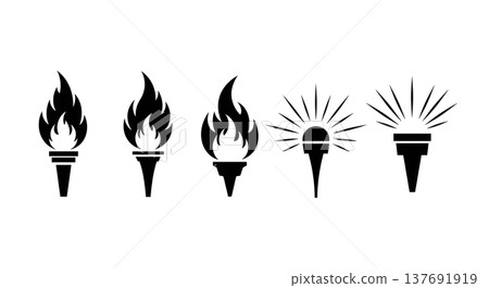 Black Solid Abstract Torch Silhouettes Set of Six on White Background Black Solid Abstract Torch Silhouettes Set of Six on White Background 137691919