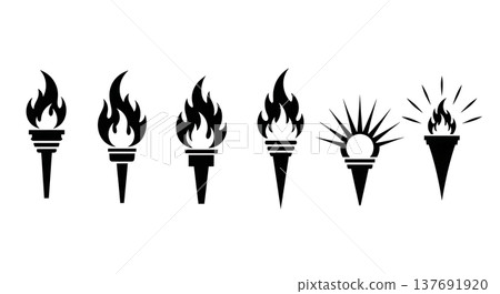 Black Solid Abstract Torch Silhouettes Set of Six on White Background 137691920