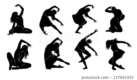 Black Solid Abstract Dancer Silhouettes Set of Six on White Background Black Solid Abstract Dancer Silhouettes Set of Six on White Background 137691935