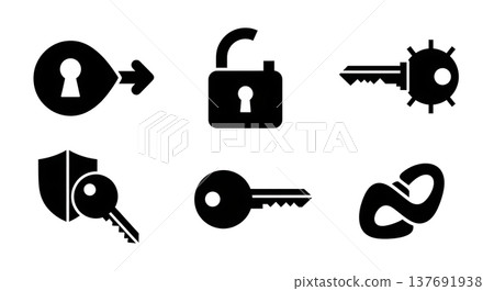 Black Solid Abstract Key Silhouettes Set of Six on White Background Black Solid Abstract Key Silhouettes Set of Six on White Background 137691938