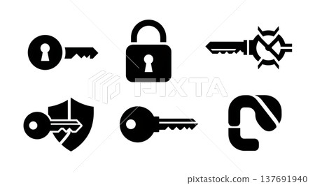 Black Solid Abstract Key Silhouettes Set of Six on White Background Black Solid Abstract Key Silhouettes Set of Six on White Background 137691940