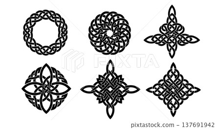 Black Solid Abstract Knot Silhouettes Set of Six on White Background Black Solid Abstract Knot Silhouettes Set of Six on White Background 137691942