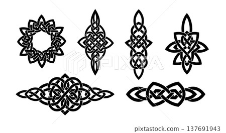 Black Solid Abstract Knot Silhouettes Set of Six on White Background Black Solid Abstract Knot Silhouettes Set of Six on White Background 137691943